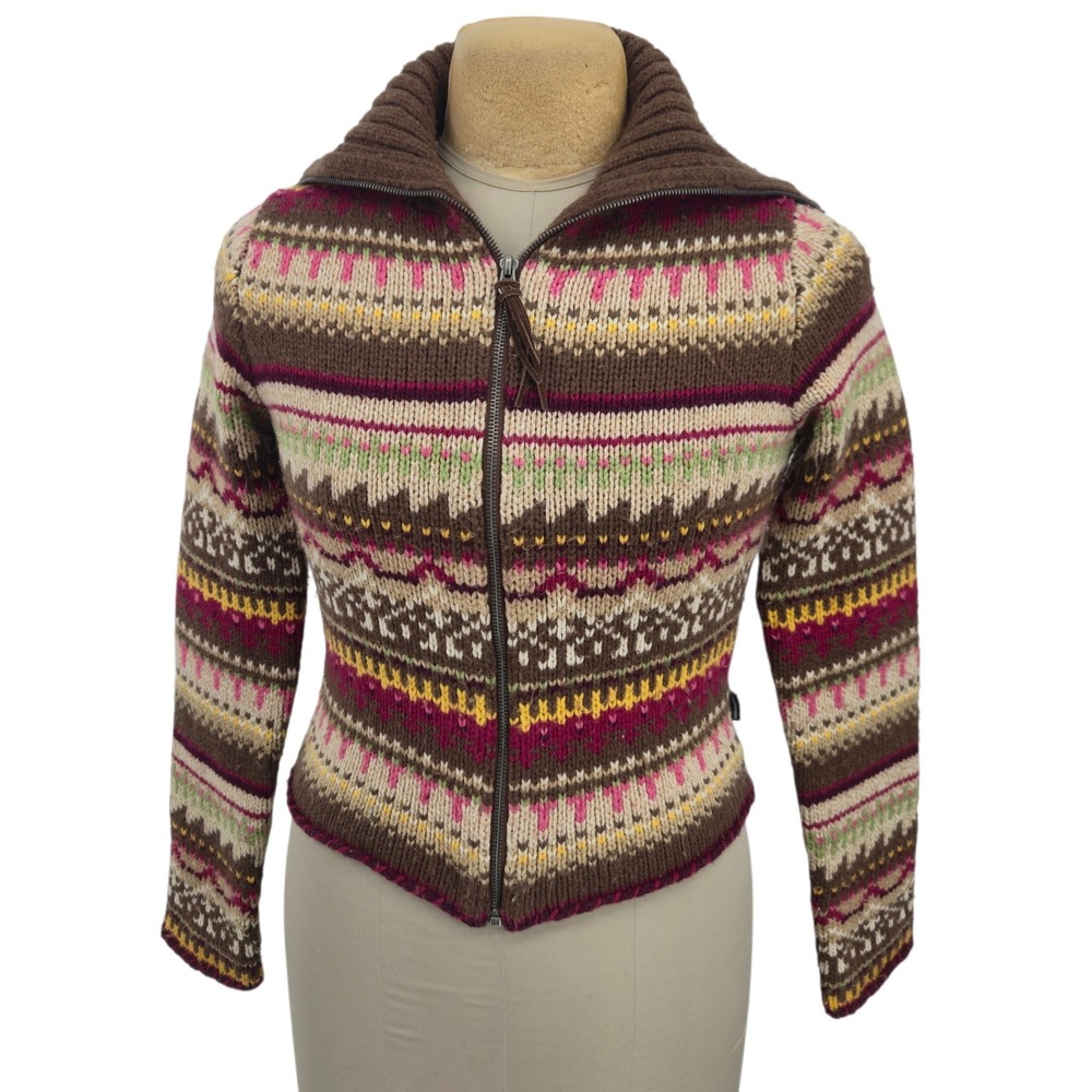 Abercrombie & Fitch Full Zip Sweater M Fair Isle Wool Blend Brown Y2K Earthy